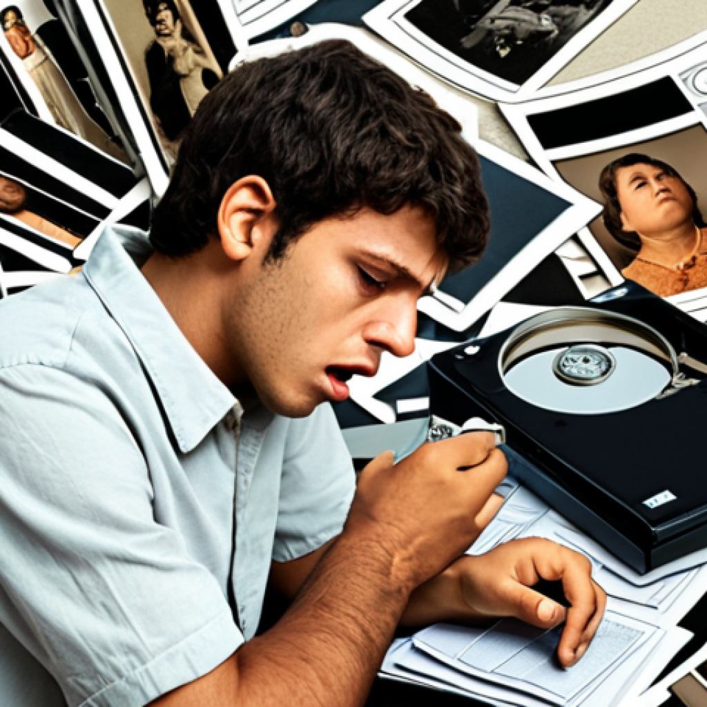 **Image:** A stressed person (João) looking at a broken external hard drive, surrounded by family photos and work documents scattered around. The scene evokes a sense of loss and frustration, highlighting the importance of data backup.