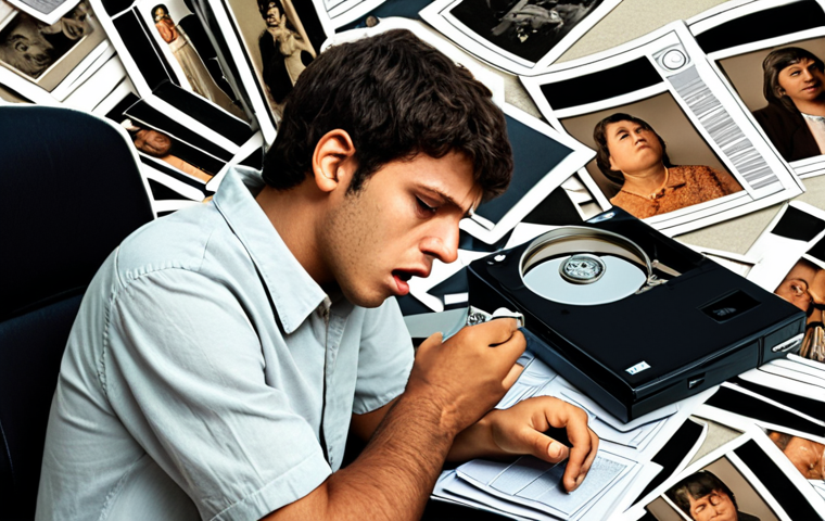 **Image:** A stressed person (João) looking at a broken external hard drive, surrounded by family photos and work documents scattered around. The scene evokes a sense of loss and frustration, highlighting the importance of data backup.