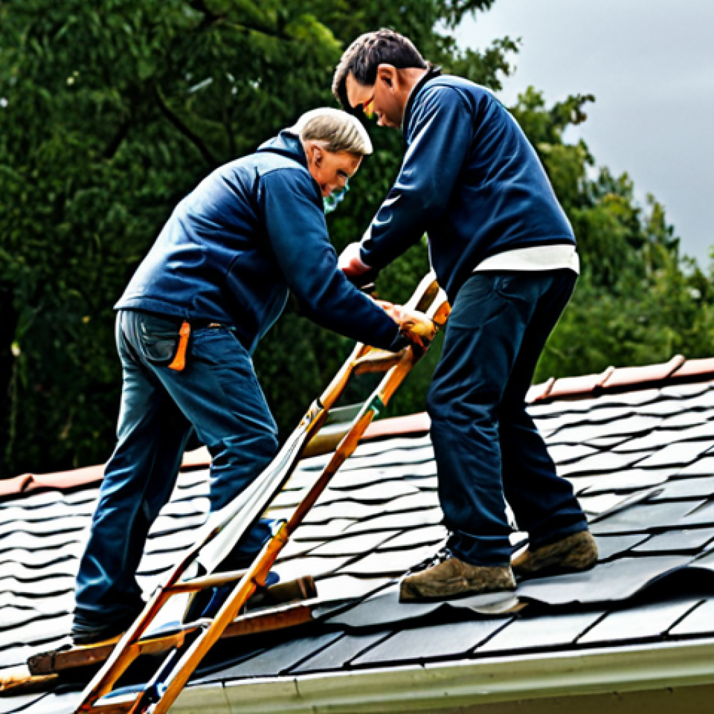 **

A family strengthening the roof of their modest home in a rural area, preparing for an approaching storm. The scene shows them securing tiles and cleaning gutters. Safe for work, appropriate content, fully clothed in work attire, professional grade, natural lighting, family-friendly. Perfect anatomy, correct proportions, natural pose. Includes safety elements: sturdy ladder, secure ropes.

**