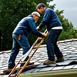 **

A family strengthening the roof of their modest home in a rural area, preparing for an approaching storm. The scene shows them securing tiles and cleaning gutters. Safe for work, appropriate content, fully clothed in work attire, professional grade, natural lighting, family-friendly. Perfect anatomy, correct proportions, natural pose. Includes safety elements: sturdy ladder, secure ropes.

**