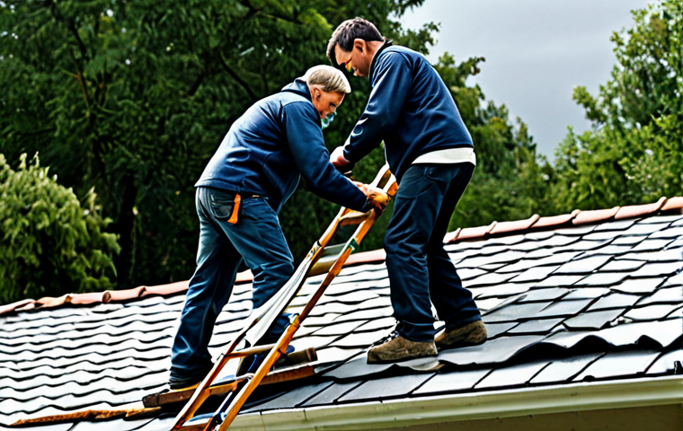 **
A family strengthening the roof of their modest home in a rural area, preparing for an approaching storm. The scene shows them securing tiles and cleaning gutters. Safe for work, appropriate content, fully clothed in work attire, professional grade, natural lighting, family-friendly. Perfect anatomy, correct proportions, natural pose. Includes safety elements: sturdy ladder, secure ropes.
**
