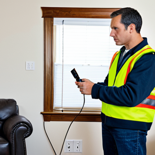 Fire Safety Inspection**

Prompt: A homeowner carefully inspecting electrical outlets and cords in their living room, looking for signs of damage. Fully clothed, appropriate attire, safe for work, professional, modest, well-lit interior, perfect anatomy, correct proportions, natural pose, family-friendly.

**
