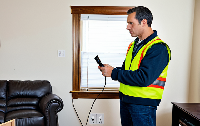 Fire Safety Inspection**
Prompt: A homeowner carefully inspecting electrical outlets and cords in their living room, looking for signs of damage. Fully clothed, appropriate attire, safe for work, professional, modest, well-lit interior, perfect anatomy, correct proportions, natural pose, family-friendly.
**