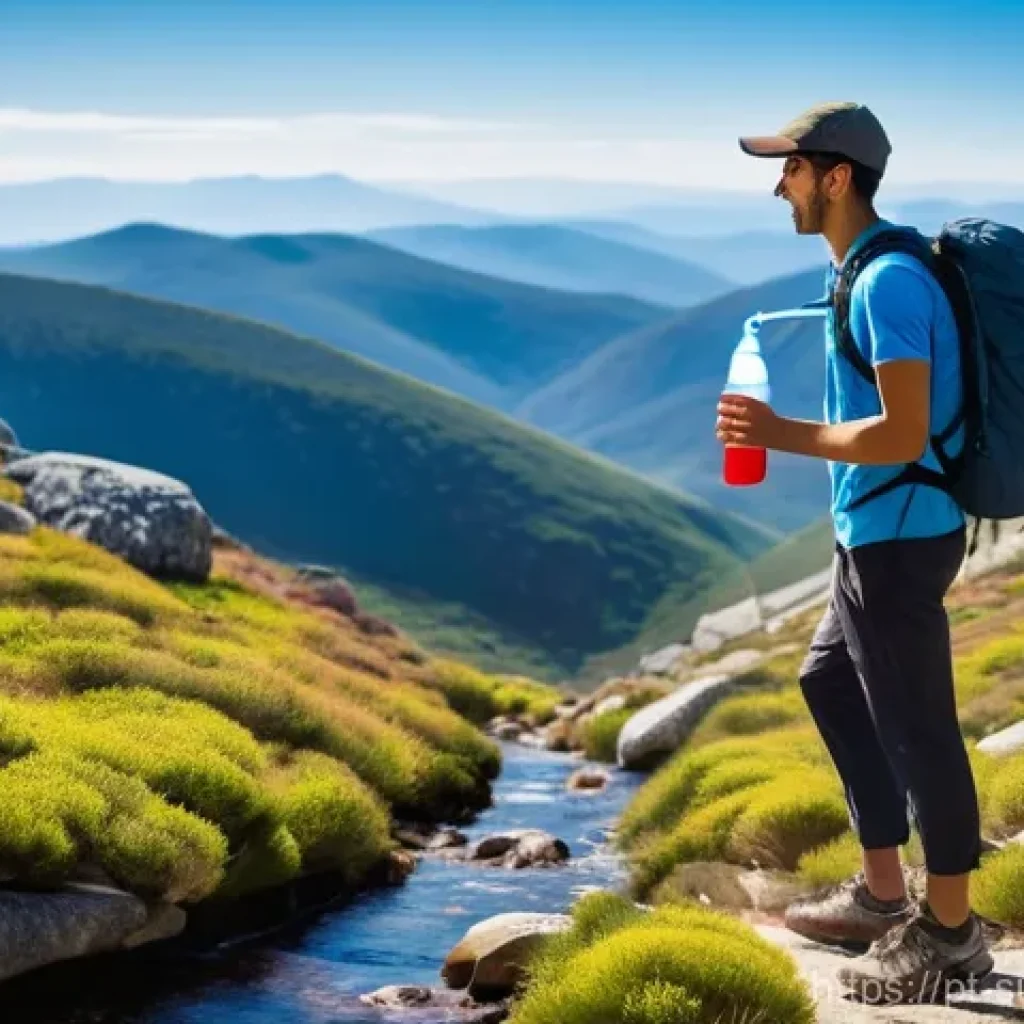 생존용 휴대용 정수기 추천 - **Prompt:** A vibrant, sun-drenched scene capturing a lone hiker, casually dressed in hiking attire,...
