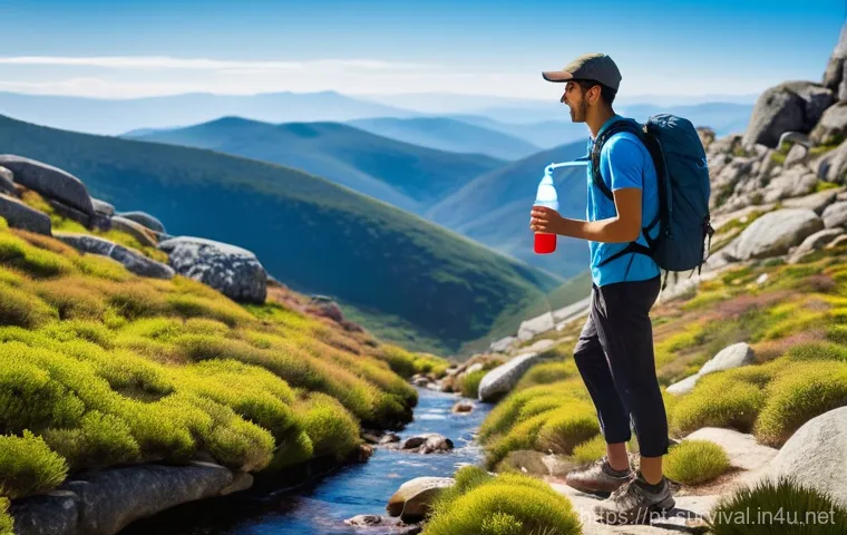 생존용 휴대용 정수기 추천 - **Prompt:** A vibrant, sun-drenched scene capturing a lone hiker, casually dressed in hiking attire,...