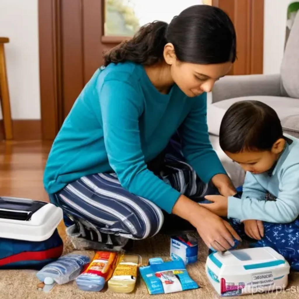 피난용품 리스트 - **Prompt:** "A warm, inviting scene of a family, a mother, father, and a child (around 8 years old) ...