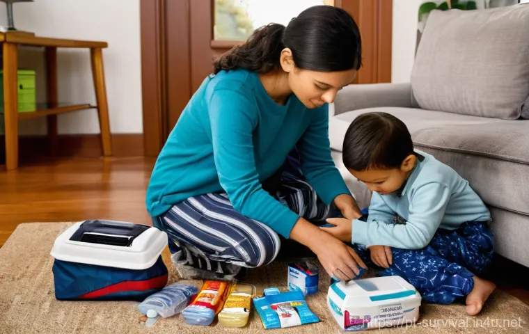 피난용품 리스트 - **Prompt:** "A warm, inviting scene of a family, a mother, father, and a child (around 8 years old) ...
