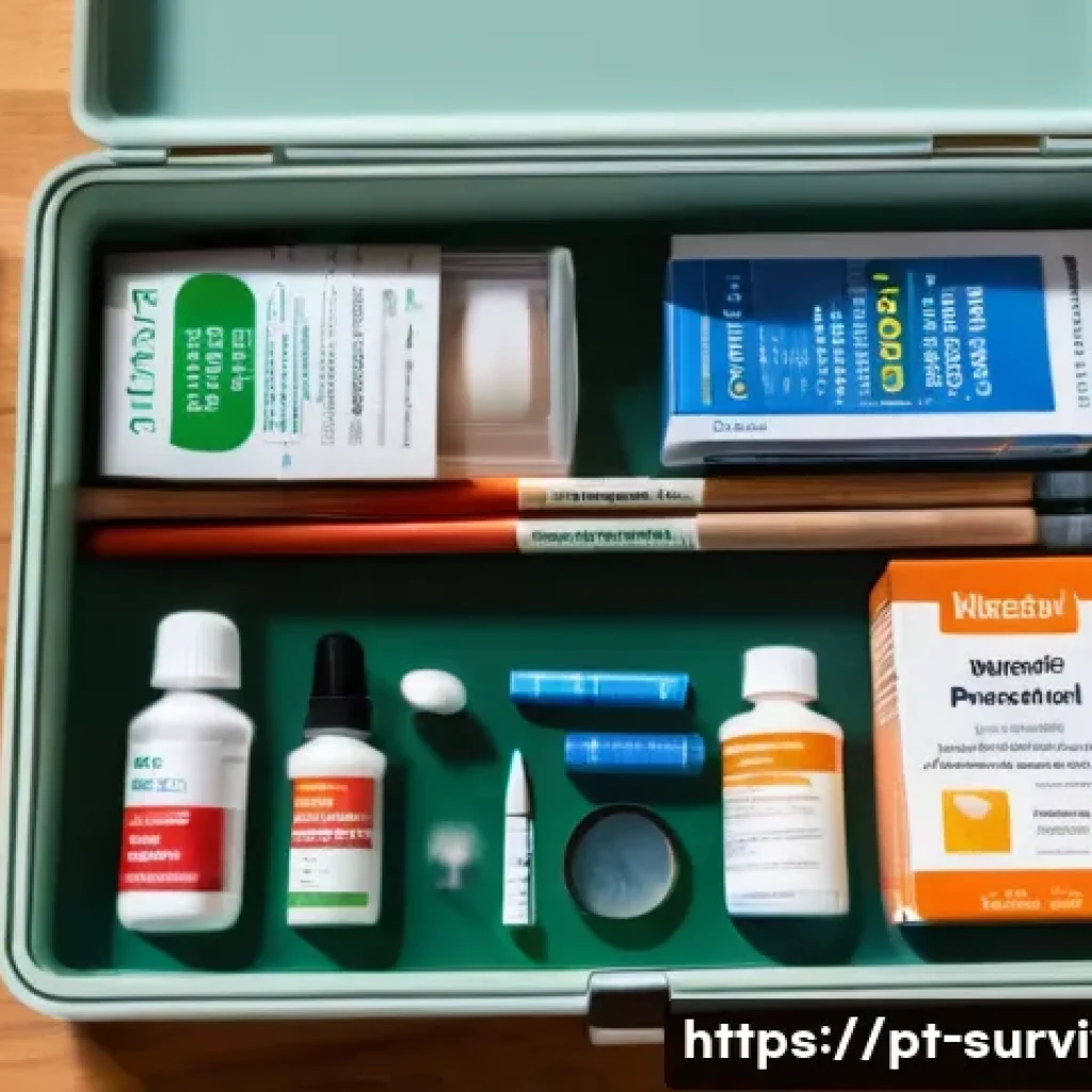 생존용 의약품 목록 - A neatly organized first aid kit on a wooden table, featuring various essential medications and supp...