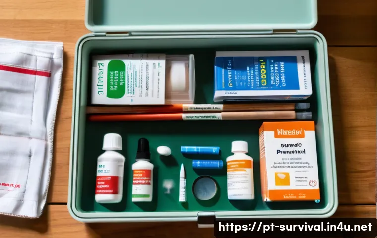 생존용 의약품 목록 - A neatly organized first aid kit on a wooden table, featuring various essential medications and supp...