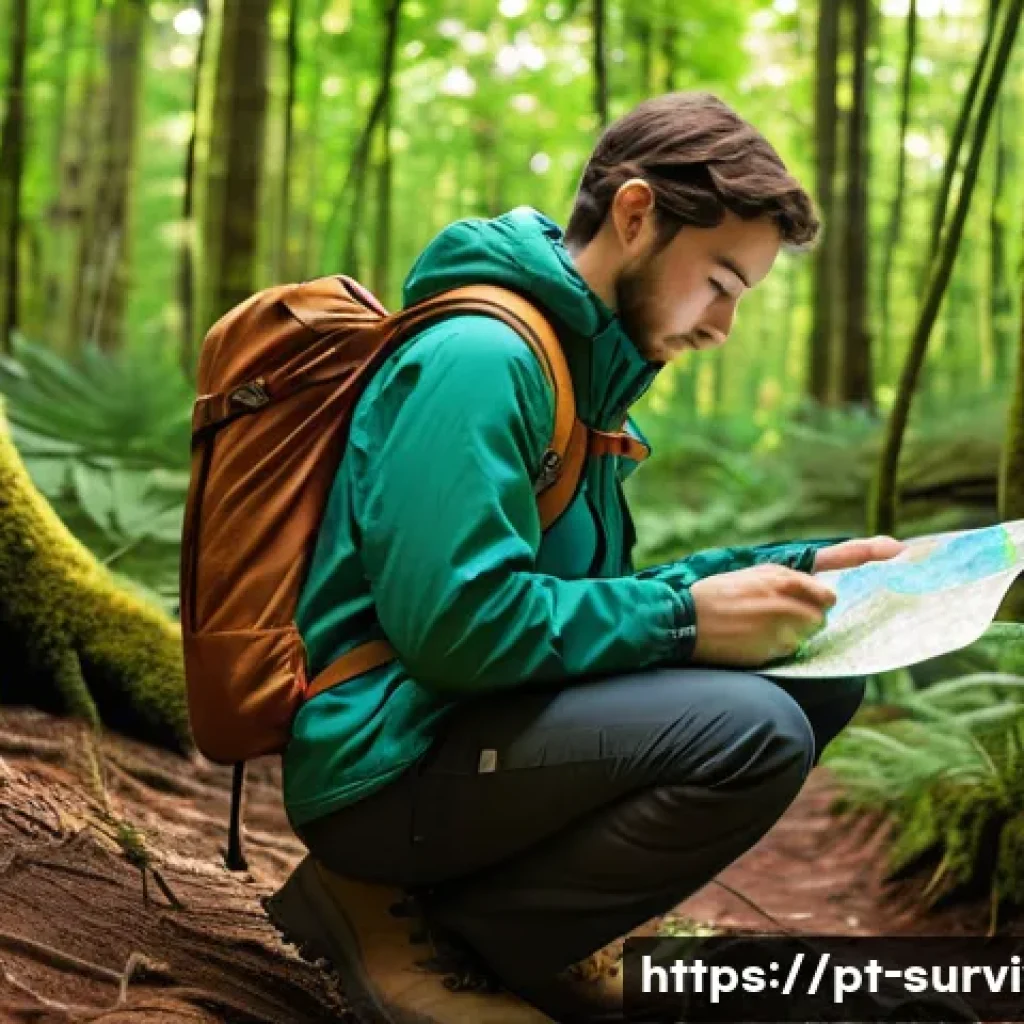 서바이벌 캠프 체험 후기 - A detailed outdoor survival scene featuring a young adult camper using a classic compass and a topog...