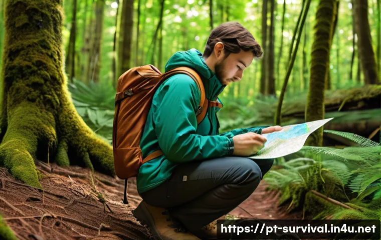 서바이벌 캠프 체험 후기 - A detailed outdoor survival scene featuring a young adult camper using a classic compass and a topog...