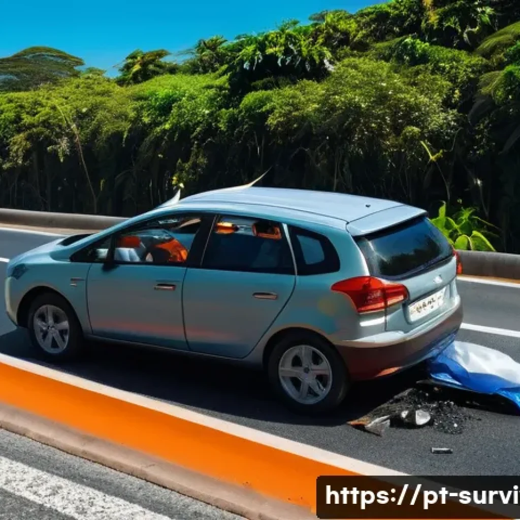 자동차 사고 후 생존법 - A detailed scene of a car accident on a busy Brazilian highway during daylight, showing a damaged ve...