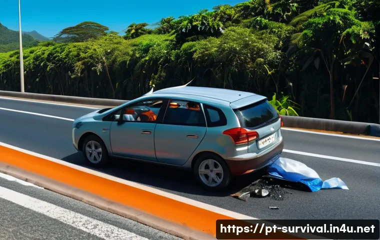자동차 사고 후 생존법 - A detailed scene of a car accident on a busy Brazilian highway during daylight, showing a damaged ve...