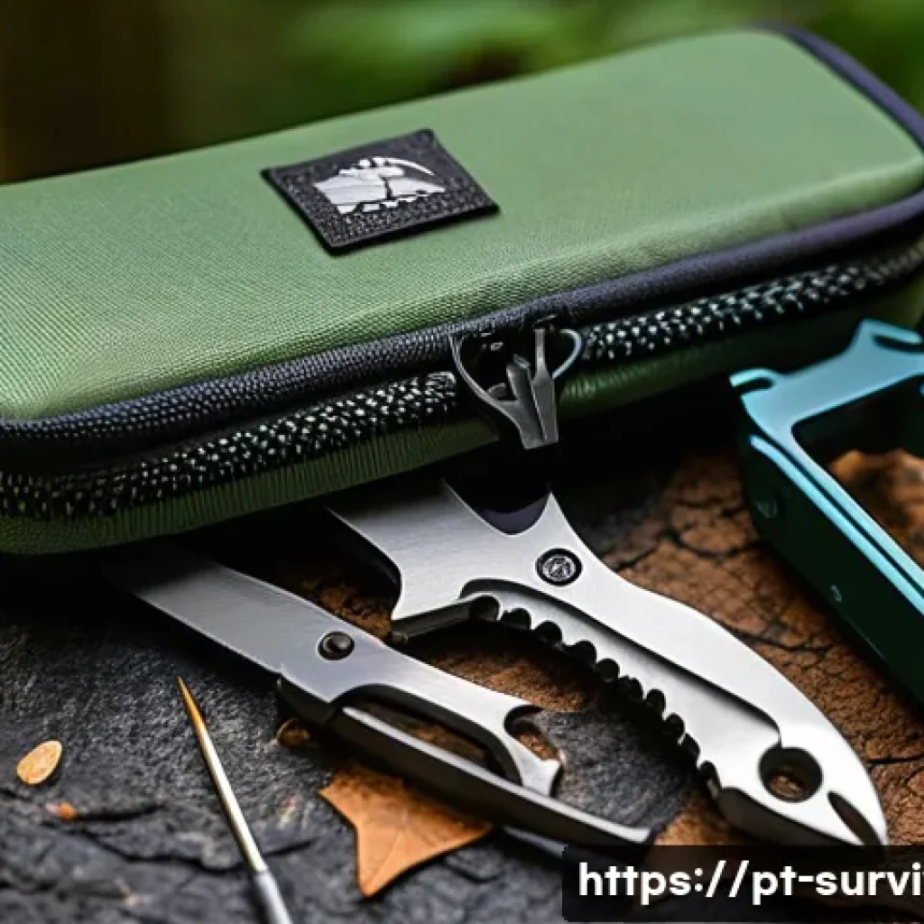 생존용 다용도 도구 추천 - A high-resolution image of a compact, rugged multifunctional survival kit designed for outdoor adven...