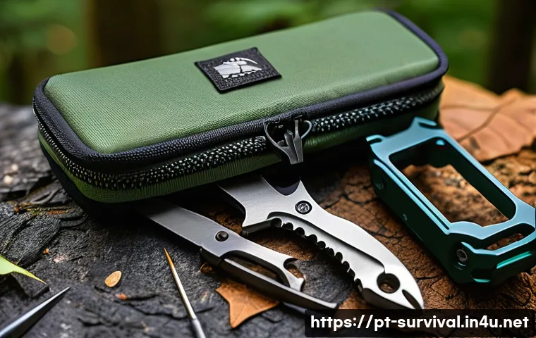 생존용 다용도 도구 추천 - A high-resolution image of a compact, rugged multifunctional survival kit designed for outdoor adven...