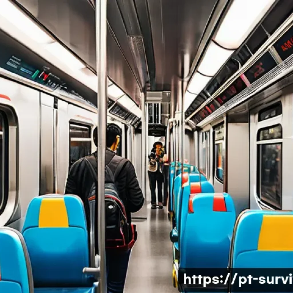 지하철 재난 발생 시 대처법 - A detailed scene inside a modern Brazilian metro train car showing diverse passengers calmly observi...