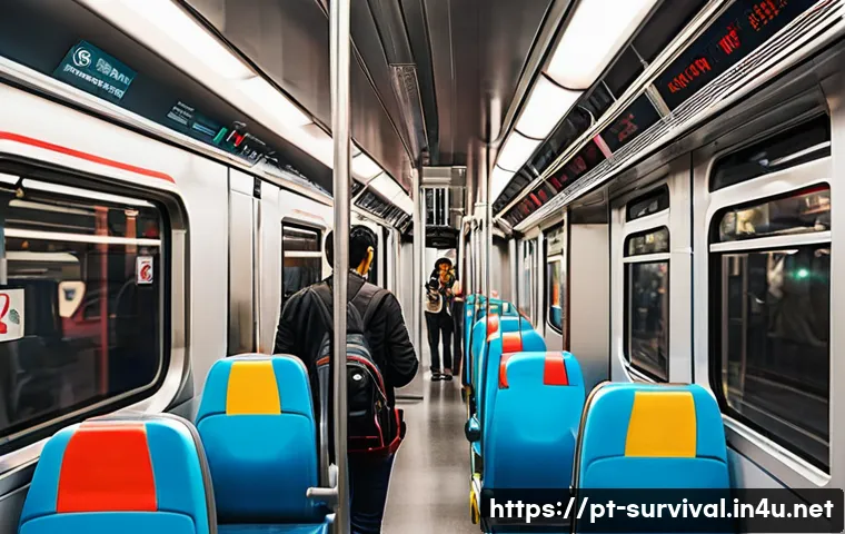지하철 재난 발생 시 대처법 - A detailed scene inside a modern Brazilian metro train car showing diverse passengers calmly observi...