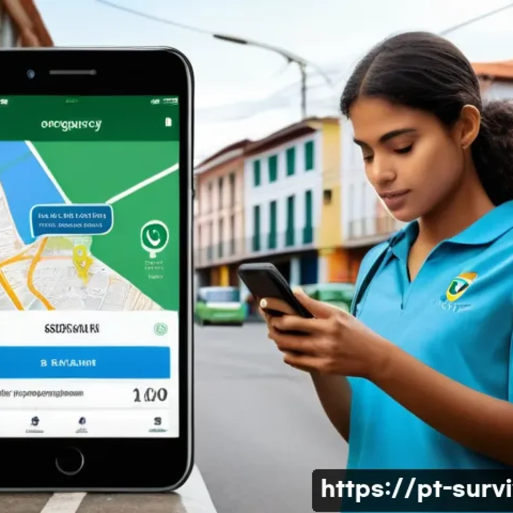 재난 대피소 위치 파악법 - A detailed urban scene showing a person using a smartphone with an official city government app open...