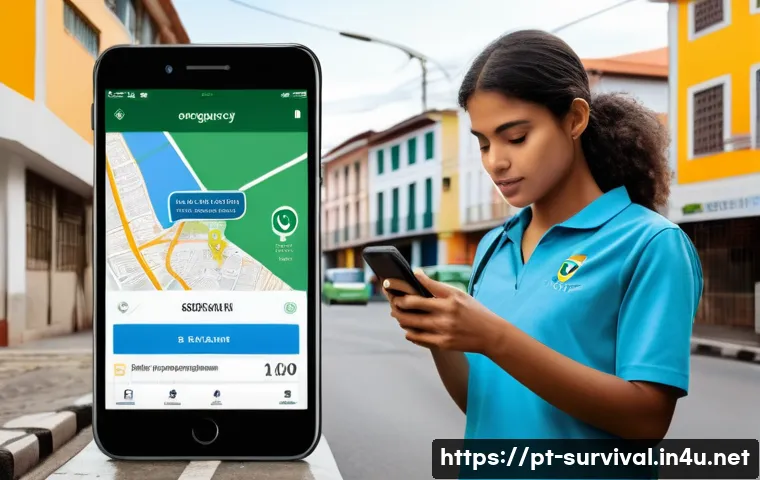 재난 대피소 위치 파악법 - A detailed urban scene showing a person using a smartphone with an official city government app open...