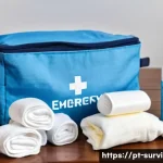 Home 22 재난 발생 시 아기 돌보는 법 - A neatly organized emergency baby kit displayed on a clean wooden table, including disposable diaper...
