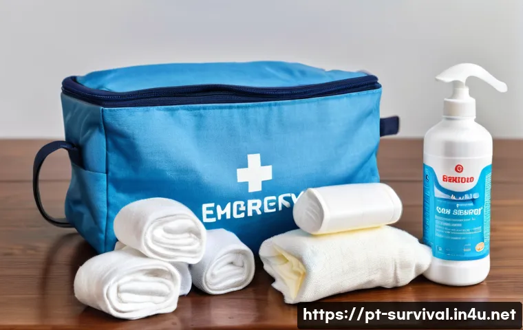 재난 발생 시 아기 돌보는 법 - A neatly organized emergency baby kit displayed on a clean wooden table, including disposable diaper...