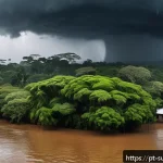 Home 21 물가 근처 재난 대처법 - A detailed scene of a Brazilian riverside neighborhood during an approaching storm: dark heavy cloud...