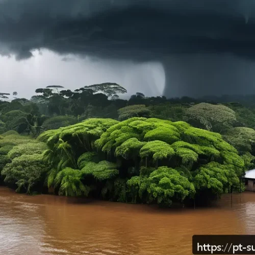 Home 33 물가 근처 재난 대처법 - A detailed scene of a Brazilian riverside neighborhood during an approaching storm: dark heavy cloud...