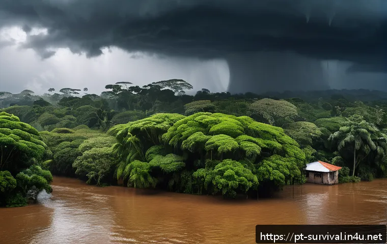 물가 근처 재난 대처법 - A detailed scene of a Brazilian riverside neighborhood during an approaching storm: dark heavy cloud...