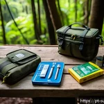 Home 20 재난 생존 물품 구입처 - A detailed outdoor survival kit setup displayed on a rugged wooden table in a Brazilian forest envir...
