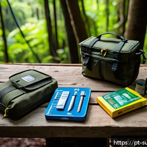 Home 32 재난 생존 물품 구입처 - A detailed outdoor survival kit setup displayed on a rugged wooden table in a Brazilian forest envir...