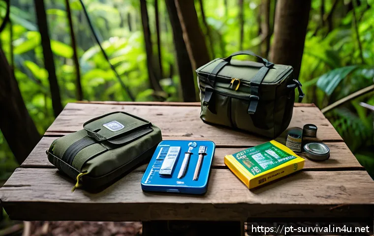 재난 생존 물품 구입처 - A detailed outdoor survival kit setup displayed on a rugged wooden table in a Brazilian forest envir...