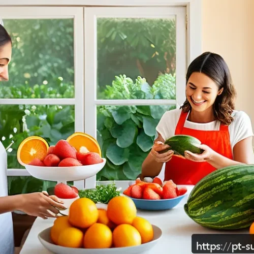 Home 31 폭염 대비 생존 팁 - A vibrant summer kitchen scene featuring a Portuguese family preparing refreshing fruit salads with ...