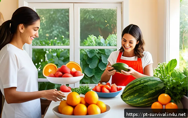 폭염 대비 생존 팁 - A vibrant summer kitchen scene featuring a Portuguese family preparing refreshing fruit salads with ...