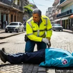 Home 23 부상 후 응급처치 시간 관리 - A detailed scene showing a first responder wearing a bright yellow reflective jacket, calmly assessi...