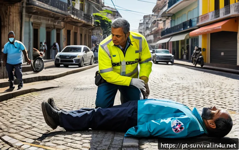 부상 후 응급처치 시간 관리 - A detailed scene showing a first responder wearing a bright yellow reflective jacket, calmly assessi...