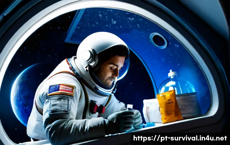 Home 15 우주에서의 생존법 - Photorealistic astronaut inside a compact spacecraft emergency shelter, securely wearing a modern sp...
